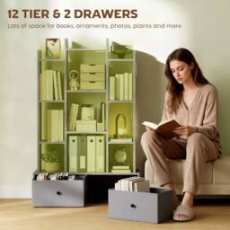 HOMCOM 12-Tier Bookshelf, Bookcase w/ 2 Folding Drawer, Graphite Wood Effect in Grey - Size: 120 cm x 80 cm - thumbnail 4