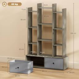 HOMCOM 12-Tier Bookshelf, Bookcase w/ 2 Folding Drawer, Graphite Wood Effect in Grey - Size: 120 cm x 80 cm - thumbnail 3