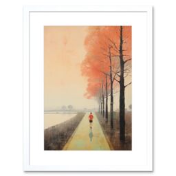 Artery8 Wall Art Print Early Morning Jogging Pastel Colour Oil Painting Jogger on Lakeside Pink Tree Trail Countryside Landscape Artwork Framed 9X7 - thumbnail 1
