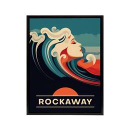 "Artery8 Rockaway Beach Wave Portrait Travel Ad New Framed Canvas Wall Art Print in Blue - Size: W12"" x H16""" - thumbnail 1