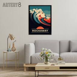 "Artery8 Rockaway Beach Wave Portrait Travel Ad New Framed Canvas Wall Art Print in Blue - Size: W12"" x H16""" - thumbnail 3