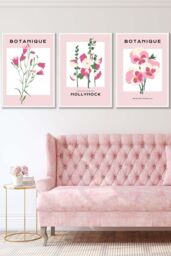 ARTZE Set of 3 White Framed Vintage Graphical Pink Hollyhock Flower Market Wall Art in Dusty Pink - Size: W33 cm x H45 cm x D20mm