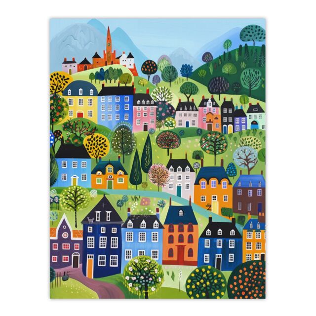 "Artery8 Wall Art Print Colourful Townscape Church in Spring Folk Art Poster - Size: W12"" x H16""" - image 1
