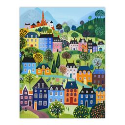 "Artery8 Wall Art Print Colourful Townscape Church in Spring Folk Art Poster - Size: W12"" x H16""" - thumbnail 1