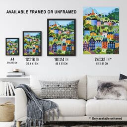 "Artery8 Wall Art Print Colourful Townscape Church in Spring Folk Art Poster - Size: W12"" x H16""" - thumbnail 3
