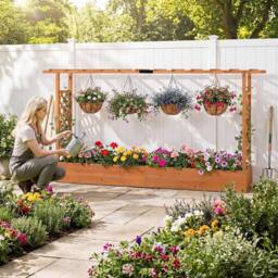 Costway 114cm Tall Wooden Raised Garden Bed with Side Trellis & Hanging Roof in Orange - thumbnail 6