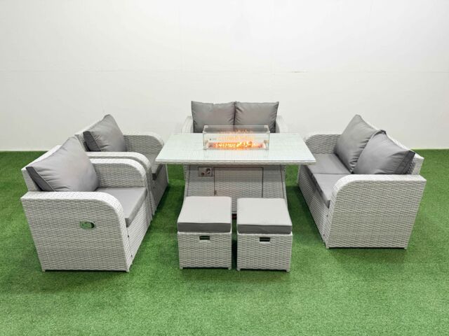 Fimous 8 Seater Outdoor Reclining Chair Love Sofa Set Rattan Garden Furniture Set with Firepit Dining Table 2 Stools Light Grey - image 1