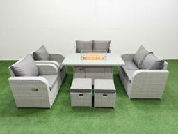 Fimous 8 Seater Outdoor Reclining Chair Love Sofa Set Rattan Garden Furniture Set with Firepit Dining Table 2 Stools Light Grey - thumbnail 2