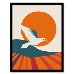 "Artery8 Dove Flight Sunset Sun Simple Retro Design Framed Art Print in Orange - Size: W12"" x H16""" - thumbnail 1