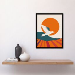 "Artery8 Dove Flight Sunset Sun Simple Retro Design Framed Art Print in Orange - Size: W12"" x H16""" - thumbnail 4
