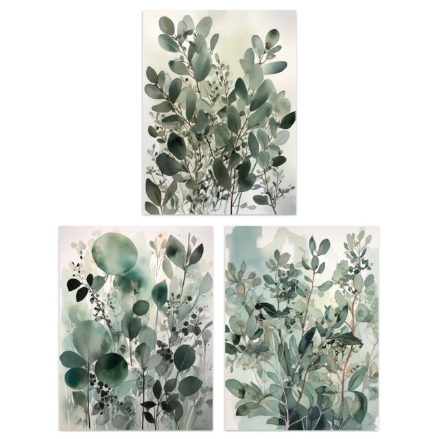 Artery8 Set of 3 Botanical Plants Sage Green Watercolour Eucalyptus Leaves Boho Artworks Unframed Wall Art Living Room Poster Prints Pack - image 1