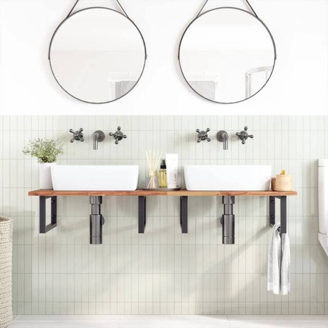 Berkfield Home Elegant Basin Shelf Wall Mounted Steel & Solid Wood Acacia in Brown - image 1