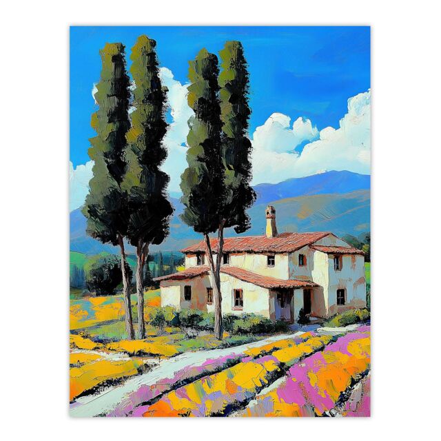 "Artery8 Spanish Countryside House Summer Landscape Travel Wall Art Print in Blue - Size: W18"" x H24""" - image 1