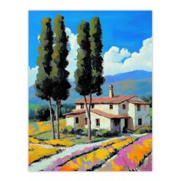 "Artery8 Spanish Countryside House Summer Landscape Travel Wall Art Print in Blue - Size: W18"" x H24""" - thumbnail 1