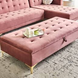 Wyld and Coco Velvet Pink Tufted Storage Ottoman with Gold Legs - thumbnail 1