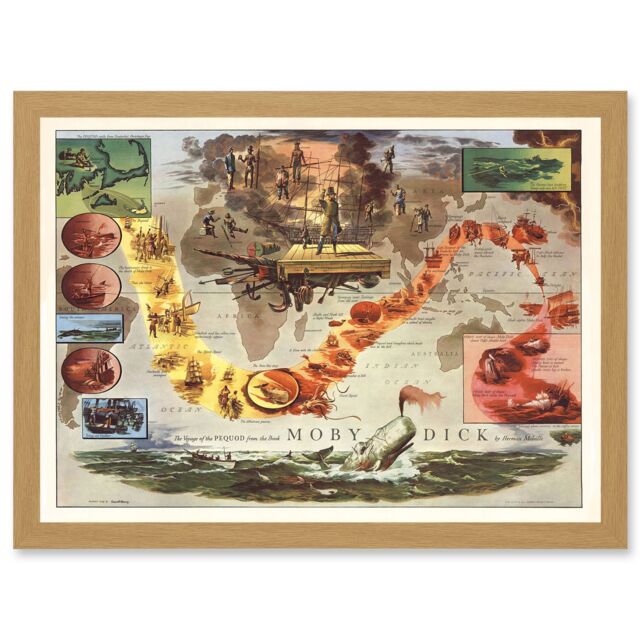 Artery8 Map Everett 1956 Melville Moby Dick Voyage of Pequod Pictorial Artwork Framed Wall Art Print A4 in Light Oak - image 1