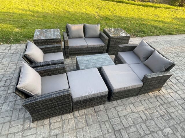 Fimous Garden Furniture Sets 9 Pieces Outdoor Rattan Furniture Manual Wicker Patio Sofa Chair Set with Coffee Table in Dark Grey