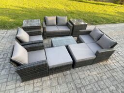 Fimous Garden Furniture Sets 9 Pieces Outdoor Rattan Furniture Manual Wicker Patio Sofa Chair Set with Coffee Table in Dark Grey - thumbnail 1