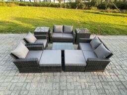 Fimous Garden Furniture Sets 9 Pieces Outdoor Rattan Furniture Manual Wicker Patio Sofa Chair Set with Coffee Table in Dark Grey - thumbnail 2