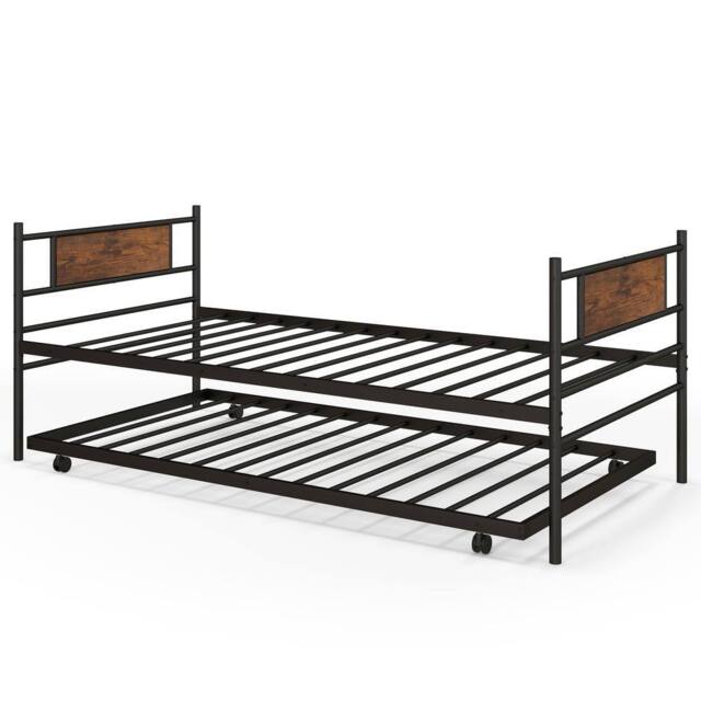 Costway Single Metal Daybed Sofa Bed Dual-use Guest Bed W/ Pull-out Trundle Space Saving in Brown - image 1