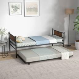 Costway Single Metal Daybed Sofa Bed Dual-use Guest Bed W/ Pull-out Trundle Space Saving in Brown - thumbnail 3