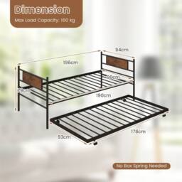 Costway Single Metal Daybed Sofa Bed Dual-use Guest Bed W/ Pull-out Trundle Space Saving in Brown - thumbnail 2