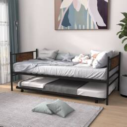 Costway Single Metal Daybed Sofa Bed Dual-use Guest Bed W/ Pull-out Trundle Space Saving in Brown - thumbnail 4