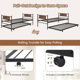 Costway Single Metal Daybed Sofa Bed Dual-use Guest Bed W/ Pull-out Trundle Space Saving in Brown - thumbnail 5