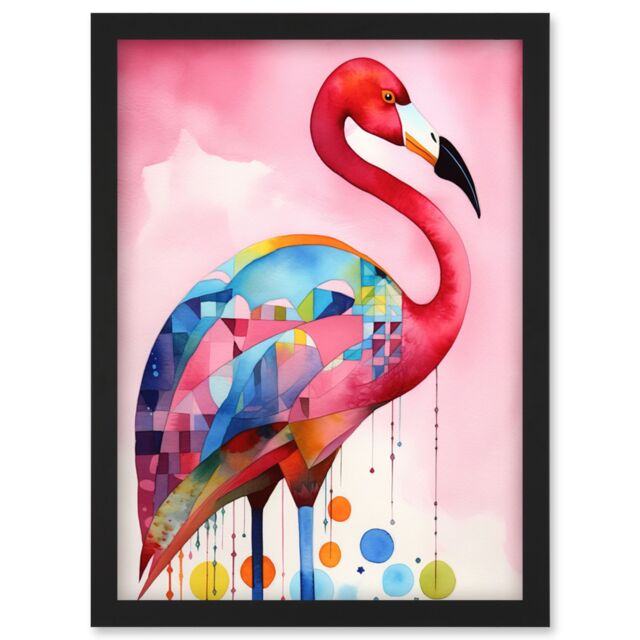 Artery8 Flamingo Bird Folk Art Watercolour Painting Artwork Framed Wall Art Print A4 in Black - image 1