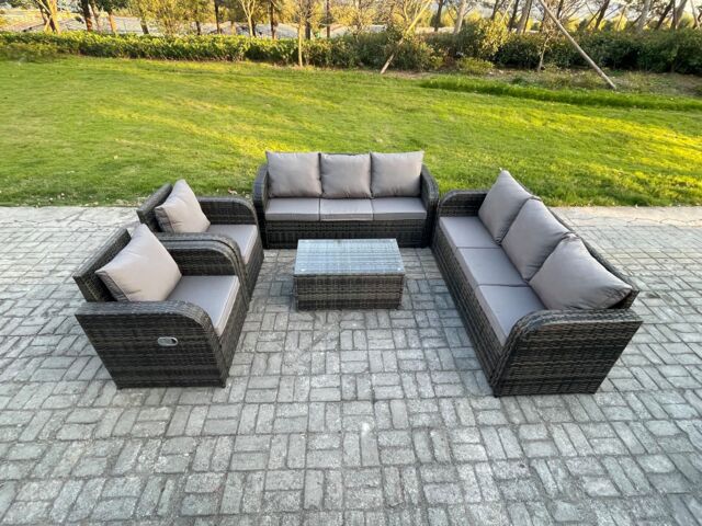Fimous Rattan Outdoor Garden Furniture Sofa Set Patio Table & Chairs Set with 3 Seater Sofa Reclining Chair Dark Grey Mixed - image 1