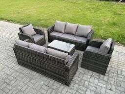 Fimous Rattan Outdoor Garden Furniture Sofa Set Patio Table & Chairs Set with 3 Seater Sofa Reclining Chair Dark Grey Mixed - thumbnail 2