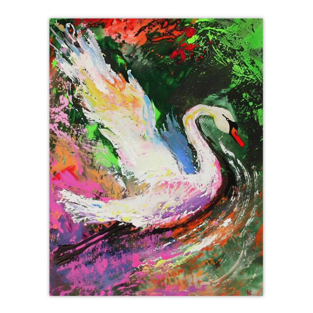 "Artery8 Swan Landing on Lake Colourful Painting Wall Art Print - Size: W24"" x H32""" - image 1