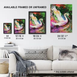 "Artery8 Swan Landing on Lake Colourful Painting Wall Art Print - Size: W24"" x H32""" - thumbnail 3
