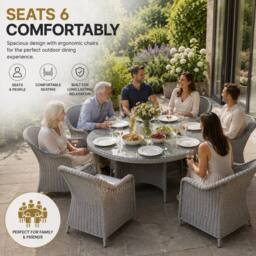 Shatchi Sorrento 6-Seater Rattan Dining Set, Round Garden Table with Chairs, Outdoor Patio Furniture Set in Natural - thumbnail 9