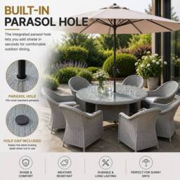 Shatchi Sorrento 6-Seater Rattan Dining Set, Round Garden Table with Chairs, Outdoor Patio Furniture Set in Natural - thumbnail 8