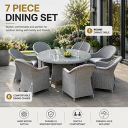 Shatchi Sorrento 6-Seater Rattan Dining Set, Round Garden Table with Chairs, Outdoor Patio Furniture Set in Natural - thumbnail 3