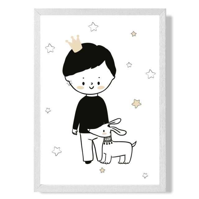 ARTZE Scandi Prince Little Boy with Dog Framed Print SIZE: A2 with White Frame in Black - Size: A4 - image 1