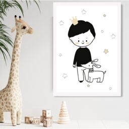 ARTZE Scandi Prince Little Boy with Dog Framed Print SIZE: A2 with White Frame in Black - Size: A4 - thumbnail 2