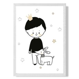 ARTZE Scandi Prince Little Boy with Dog Framed Print SIZE: A2 with White Frame in Black - Size: A4 - thumbnail 1