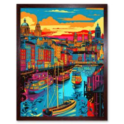 "Artery8 Wall Art Print Vibrant Liverpool City Waterfront Sunset Cityscape Art Framed in Brown - Size: W12"" x H16""" - thumbnail 1
