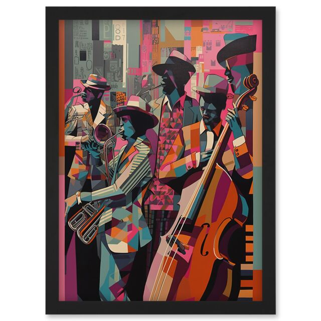 Artery8 New Orleans Jazz Festival Musicians Warming Up in the City Street Abstract Modern Painting Artwork Framed Wall Art Print A4 in Black - image 1