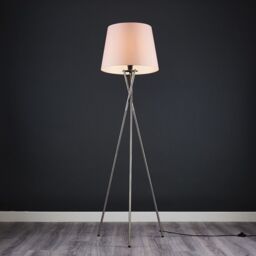 ValueLights Camden Brushed Chrome Tripod Floor Lamp with Tapered Shade & Bulb in Pale Pink - thumbnail 3