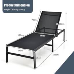 Costway Outdoor Chaise Lounge Sun Lounger Recliner Chair w/ 6 Positions Backrest in Black - thumbnail 2
