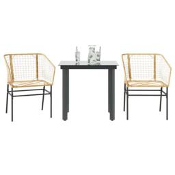 Berkfield Home 3 Piece Garden Dining Set Brown Poly Rattan Glass - thumbnail 2