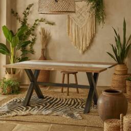Wyld Haus Vouvant Live Edge Acacia Dining Table Glass Inlay & Black X Frame in Natural - thumbnail 1