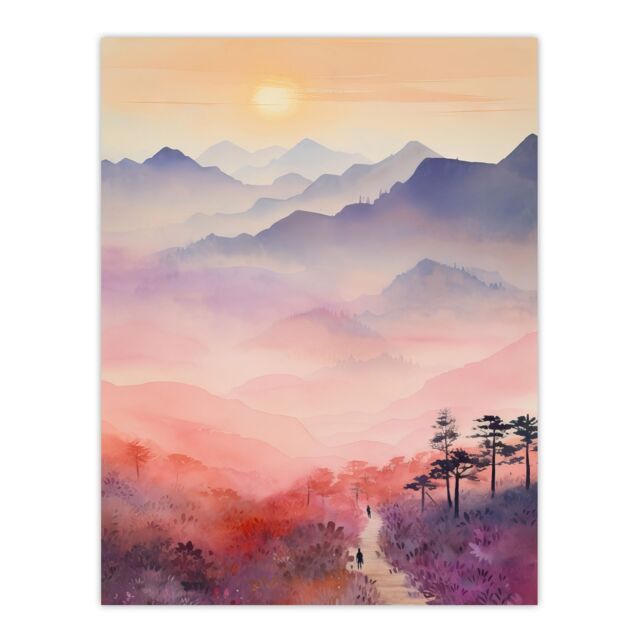 "Artery8 Mist At Sunrise Over Purple Mountains Enchanting Watercolour Unframed Wall Art Print Poster Home Decor Premium - Size: W12"" x H16""" - image 1