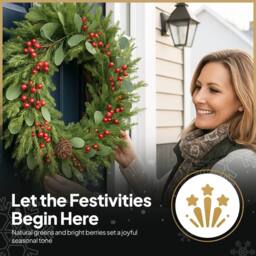Shatchi Christmas Wreath 90cm Artificial Greenery Red Berry & Pinecone in Green - Size: 800mm - thumbnail 4