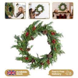 Shatchi Christmas Wreath 90cm Artificial Greenery Red Berry & Pinecone in Green - Size: 800mm - thumbnail 2