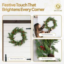 Shatchi Christmas Wreath 90cm Artificial Greenery Red Berry & Pinecone in Green - Size: 800mm - thumbnail 7