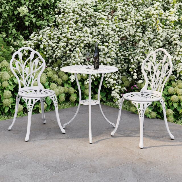 Charles Bentley 3 Piece Tulip Cast Aluminium Patio Bistro Set Table & 2 Chairs in White - image 1